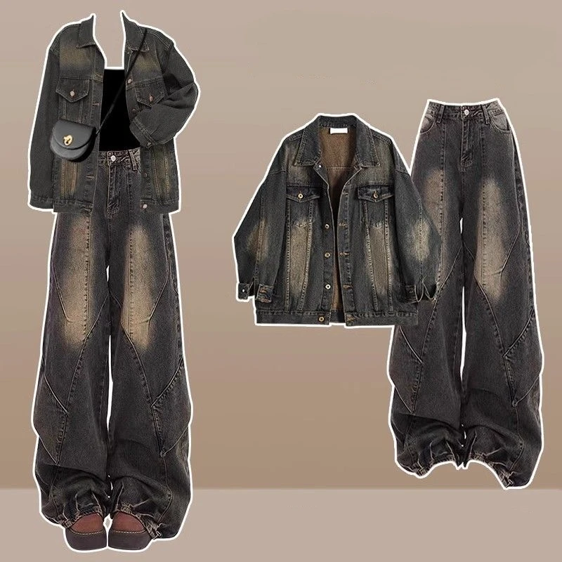 

Women's Spring Autumn Cool Denim Coat Pants Two Piece Set Lady Casual Jacket Trousers Outfits 2025 New Punk Tops Jeans Suits