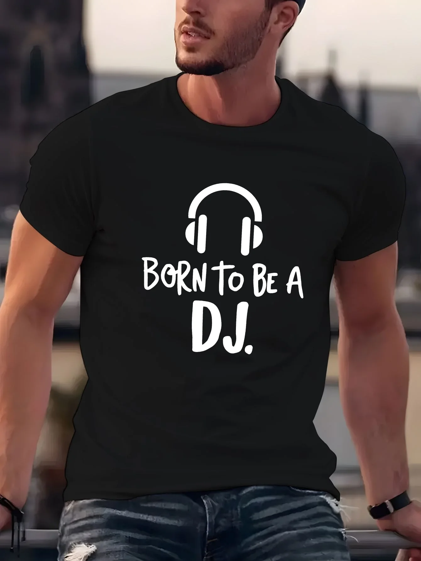 Music Lover Men Short Sleeve Tshirt Born To Be A DJ Headphone Minimal Line Print O Neck Tee Club Party Male Casual Fashion Tops