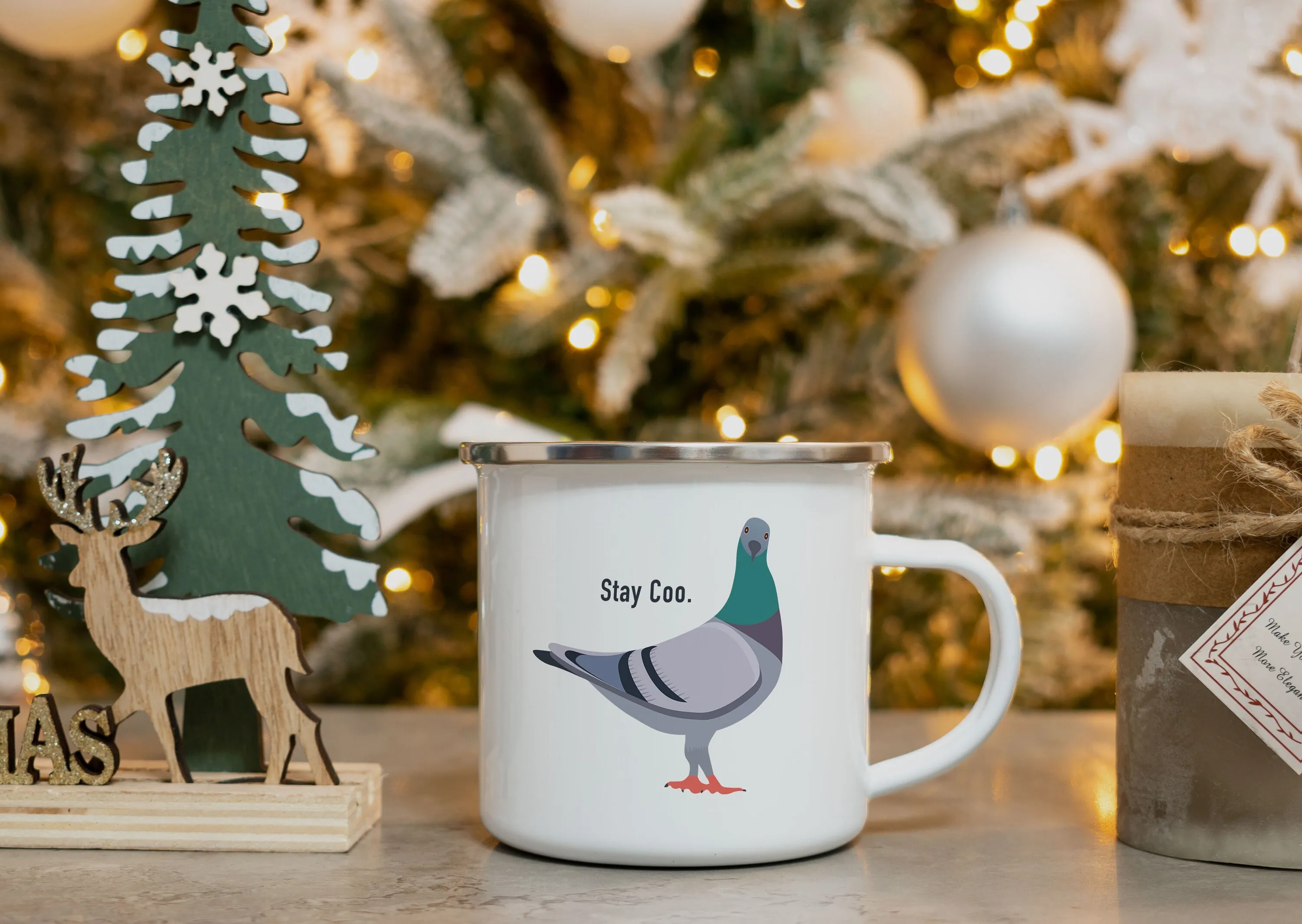 Birdwatcher Mug, Stay Coo Gift Mug for Birdwatcher or Bird Lover, Pigeon with Pun Saying, Enamel Coffee Cup