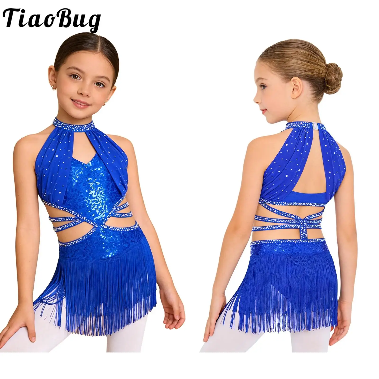 Kid Girls Glittery Sequined Latin Dance Dress Salsa Jazz Tango Dance Sleeveless Ruched Mesh Overlay Bodice Tassel Leotards Dress