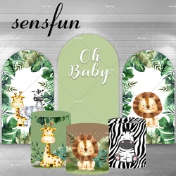 Kids Safari Jungle Birthday Party Green Leaves Chiara Arch Background Baby Animals Zebra Giraffe Lion Cylinder Covers Custom