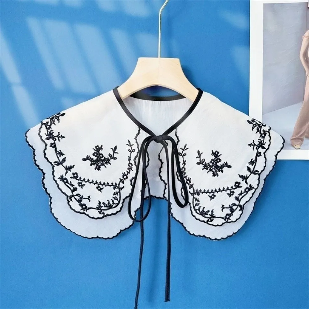 Black White Organza Fake Collar Embroidered Elegant Nail Bead Tie Versatile Style All-match Imitation Pearl Decorative Shawl