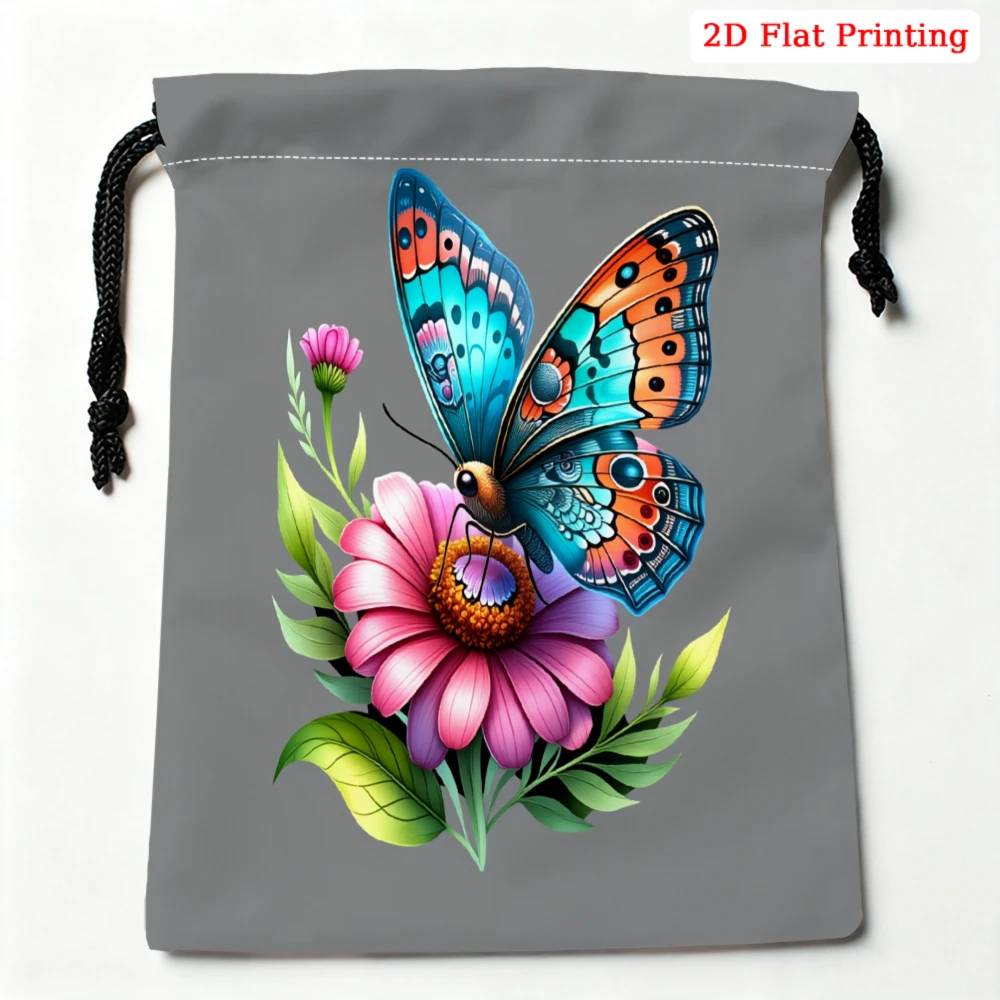 1pc Fashion Drawstring Bag Gray Butterfly Flower Print Storage Small Pouch Travel Cosmetic Organizer For Women Portable Gift