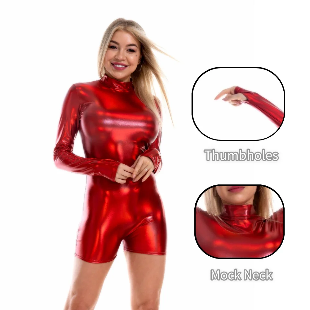 Maillot Metálico de Cuello Alto para Adulto con Orificios para Pulgares, Leotardo Corto Dorado para Gimnasia de Niñas, Traje de Danza para Escenario