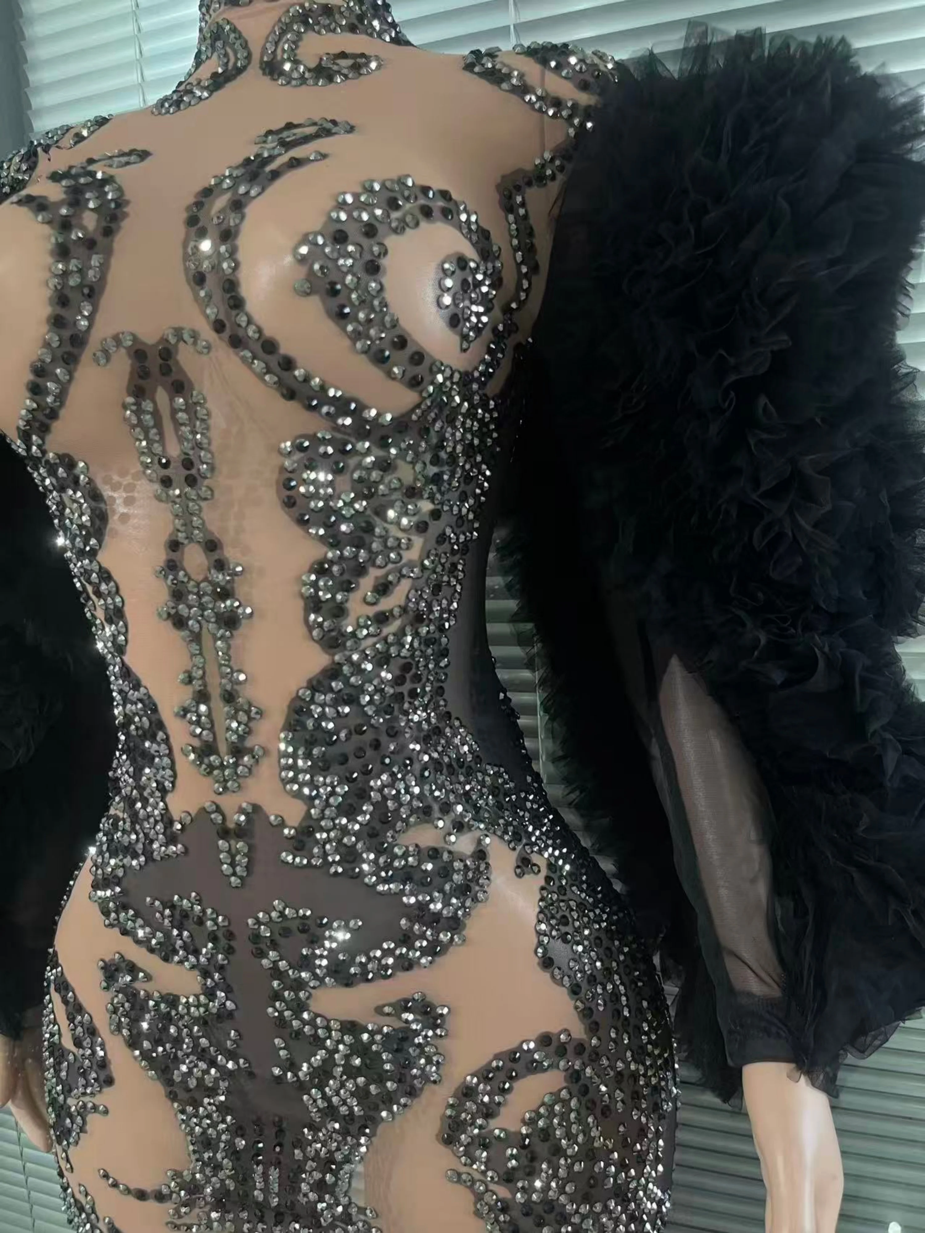 Avant-Garde Printed Rhinestones Long Puff Sleeve Bodycon Mesh MiniDress  Evening Club Party Nightbar Stage Performance
