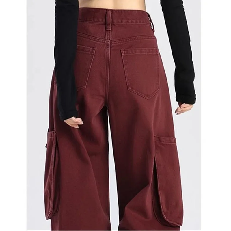 Spring Autumn Femme High Waist Denim Pantalons Ladies Multi Pocket Work Cowboy Straight-leg Trousers Korean Women Wide Leg Jeans