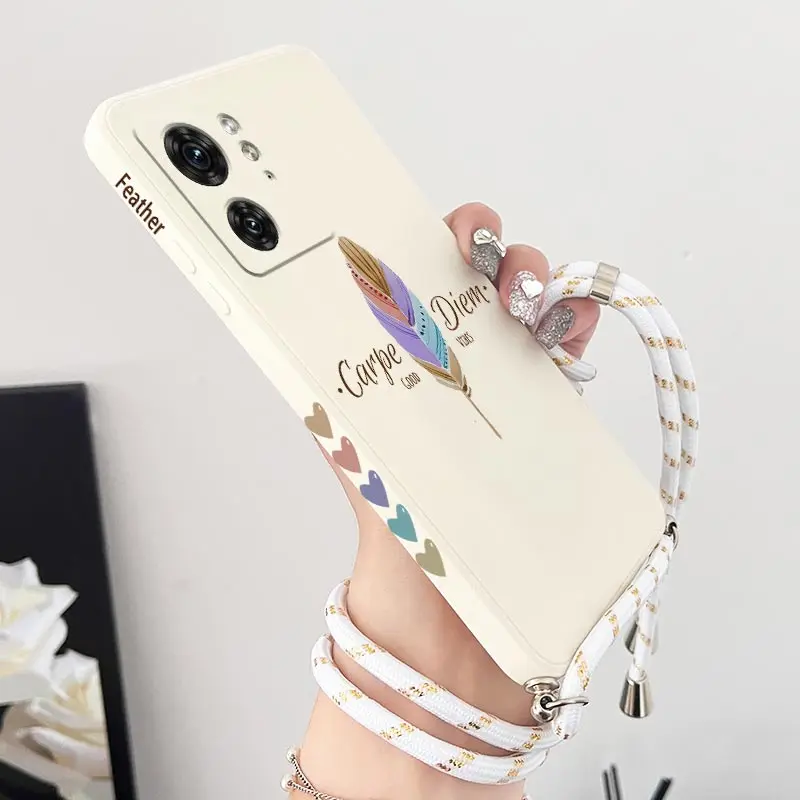 EDGE40 Colored Feather Crossbody Lanyard Silicone Phone Case For Motorola Moto EDGE 40 30 20 40Neo E32 E22i E22 E13 E20 E7 Cover