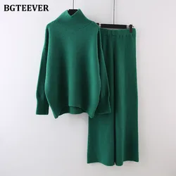 BGTEEVER Warm Knitted Outfits for Women Autumn Winter Turtleneck Sweaters Female Wide Leg Knitting Trousers Suits