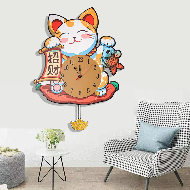 

Lucky cat clock wall clock living room home clock creative clock wall decoration painting mute wall watch quartz clock