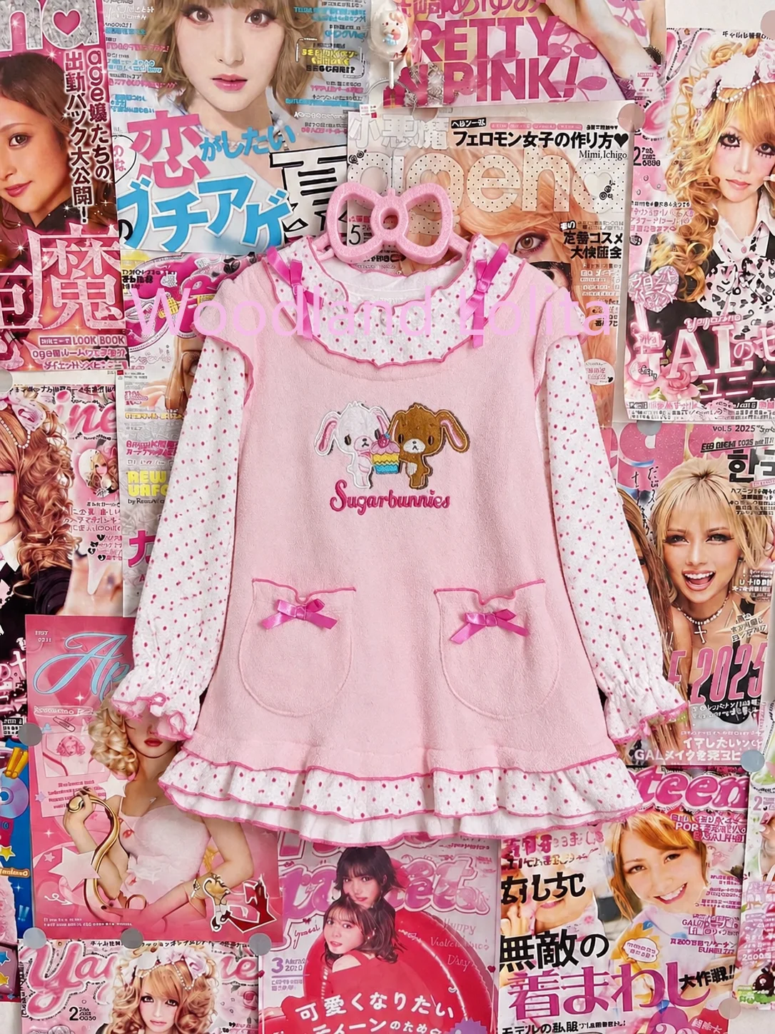 Spring Autumn Japanese Sweet Cute Girl Tees Rabbit Embroidery Bowknot Casual T-shirt Ruffled Fake Two-Piece Long Sleeve Top