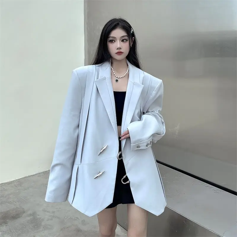 Blazer Metal Special-Shaped Button I-Shaped Pleats Staggered Splicing American BF Niche Design Long Sleeves Autumn New Style