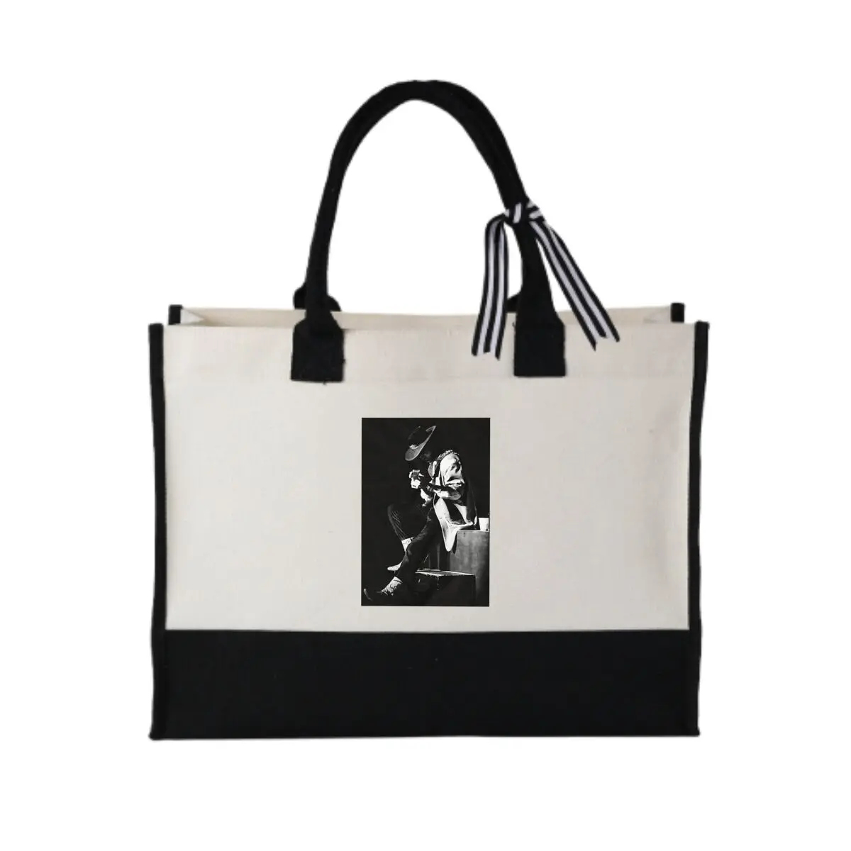 

Guitar Player Silhouette Graphic Bold Patchwork Canvas Tote for Outdoor Concert Essentials