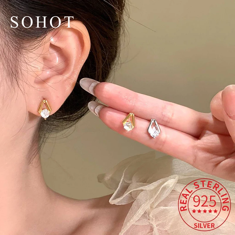 

Real 925 Sterling Silver Minimalist Geometric Round Zircon Stud Earrings For Fashion Women Fine Jewelry Light Luxury Accessories