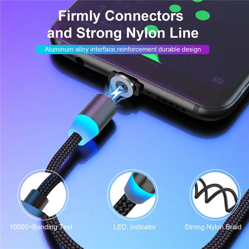 2.4A LED Magnetic USB Cable For iPhone 14 13 Xiaomi Samsung Type C Cable Fast Charging Data Charge Micro USB Cable Cord Wire