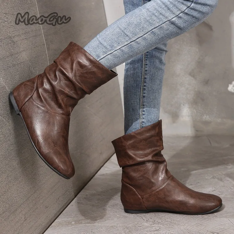Größe 36-42 Herbst Frauen Leder Kurze Stiefel Slip auf Mode Plissee Runde Kappe Niedrigen Absatz frauen Stiefel botines Para Mujeres Botas – Detail 7