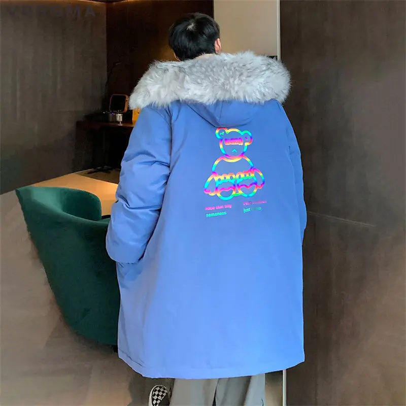 VERSMA-Chaqueta con estampado reflectante para hombre, abrigo coreano Harajuku de plumón de pato, Parka larga de gran tamaño con cuello de piel para