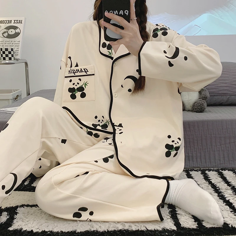 

Cute Panda Print Women's Pajamas Set Long Sleeve Pants Set Sleepwear Homewear Casual Top and Pants Nightwear