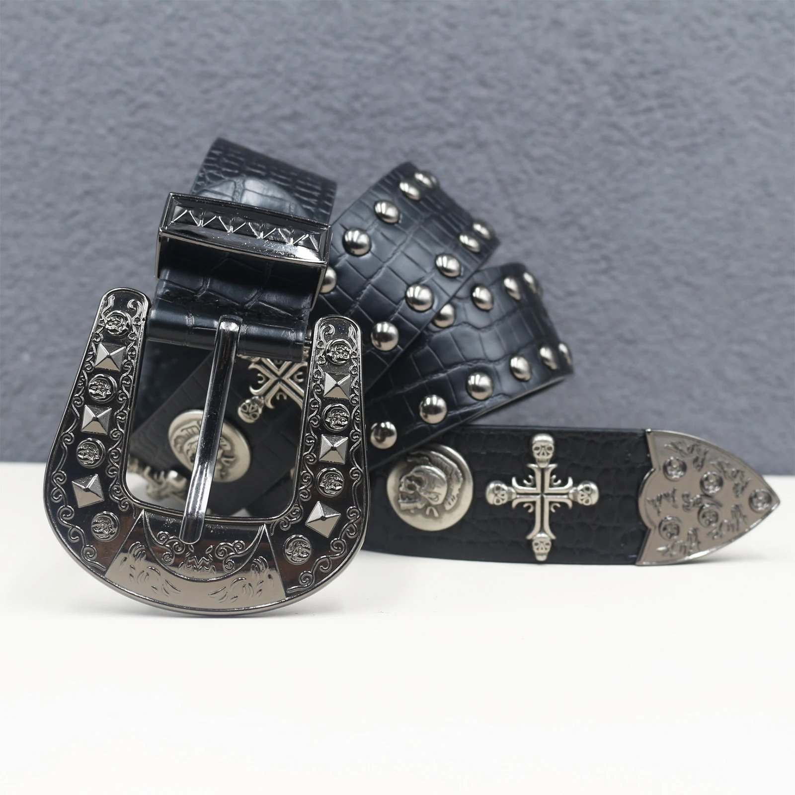 Y2K Punk Cross skull Rivet Belt Goth Pu Leather Belts For Women Jeans Pants Boys And Girls Students