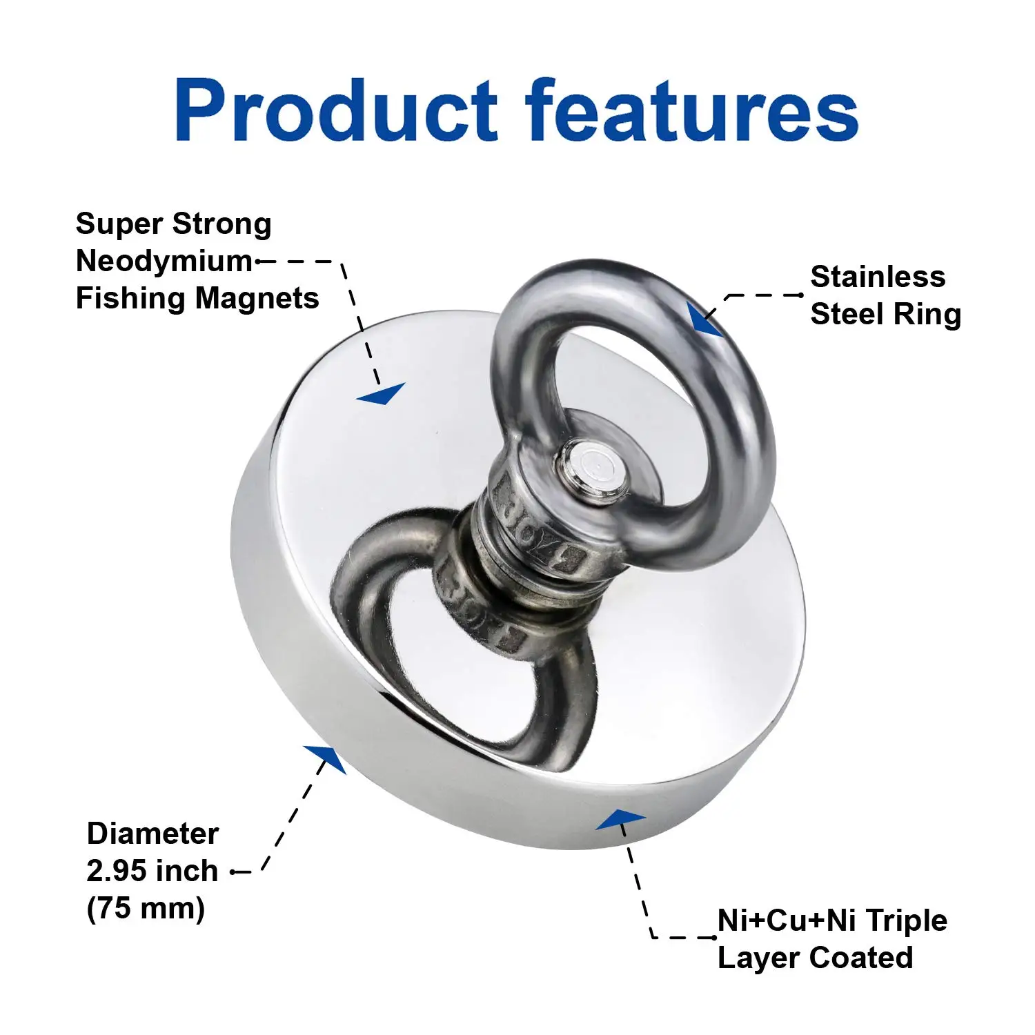 20-90mm Salvage Magnet Super Strong Neodymium Fishing Magnet Hook N52 Iman Rare Earth Magnet With Countersunk Hole Eyebolt Rope