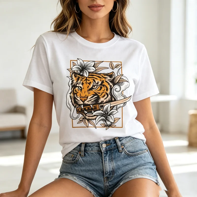 Vintage Tiger Floral Graphic T Shirt Men Women Cotton Short Sleeve Casual Streetwear Top  Y2k Top Oversized T Shirt