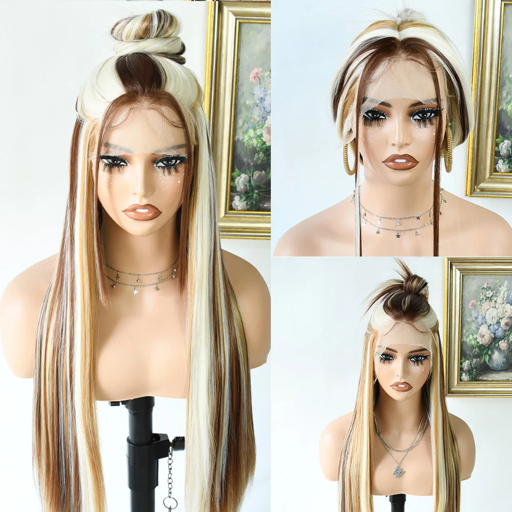 Highlight Blonde Perücke 13x4 Braun Farbige HD Transparent Gerade Spitze Front Perücken Für Frauen Vor Gezupft Spitze Frontal perücke Synthetische