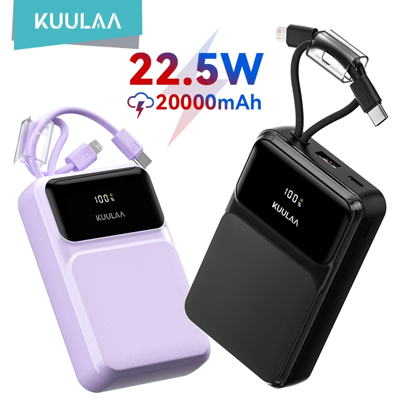 KUULAA 22.5W Power Bank 20000mAh Portable Charger PD Fast Charging with Built-in USB Type-C Cable for iPhone 16 15 14 13 Pro Max