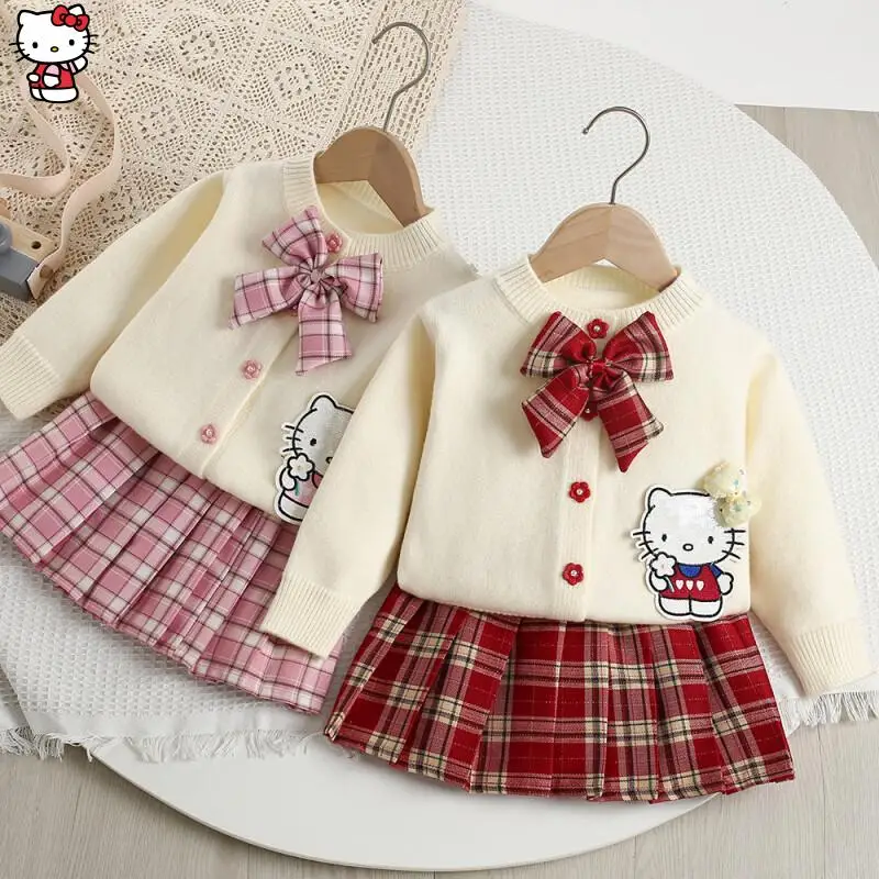 

Свитер для девочек «Hello Kitty», кавайный аниме, модная плиссированная юбка, осенне-зимний повседневный студенческий комплект из 2 предметов, рождественский подарок, новый