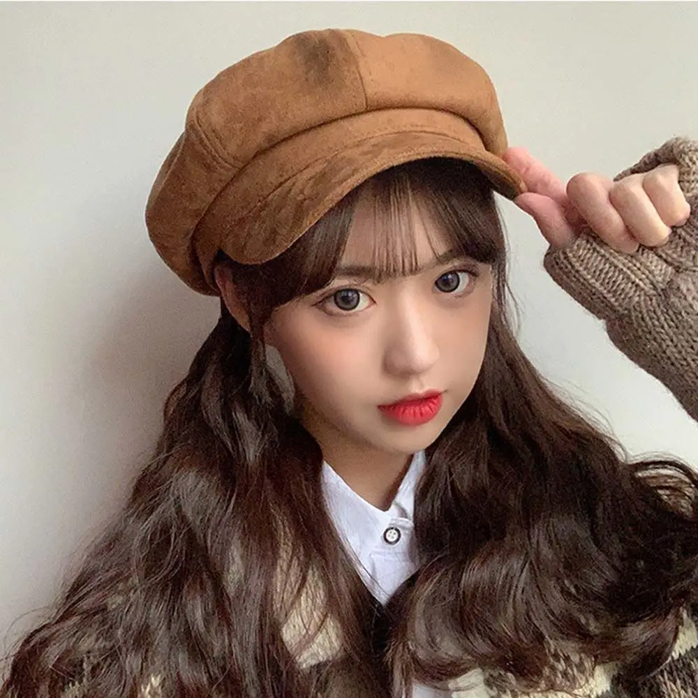 Simple Octagonal Cap Adjustable Black Red Round Metal Buckle Khaki Coffee Suede Brim Korean Style Hat Brim Beret Women Berets