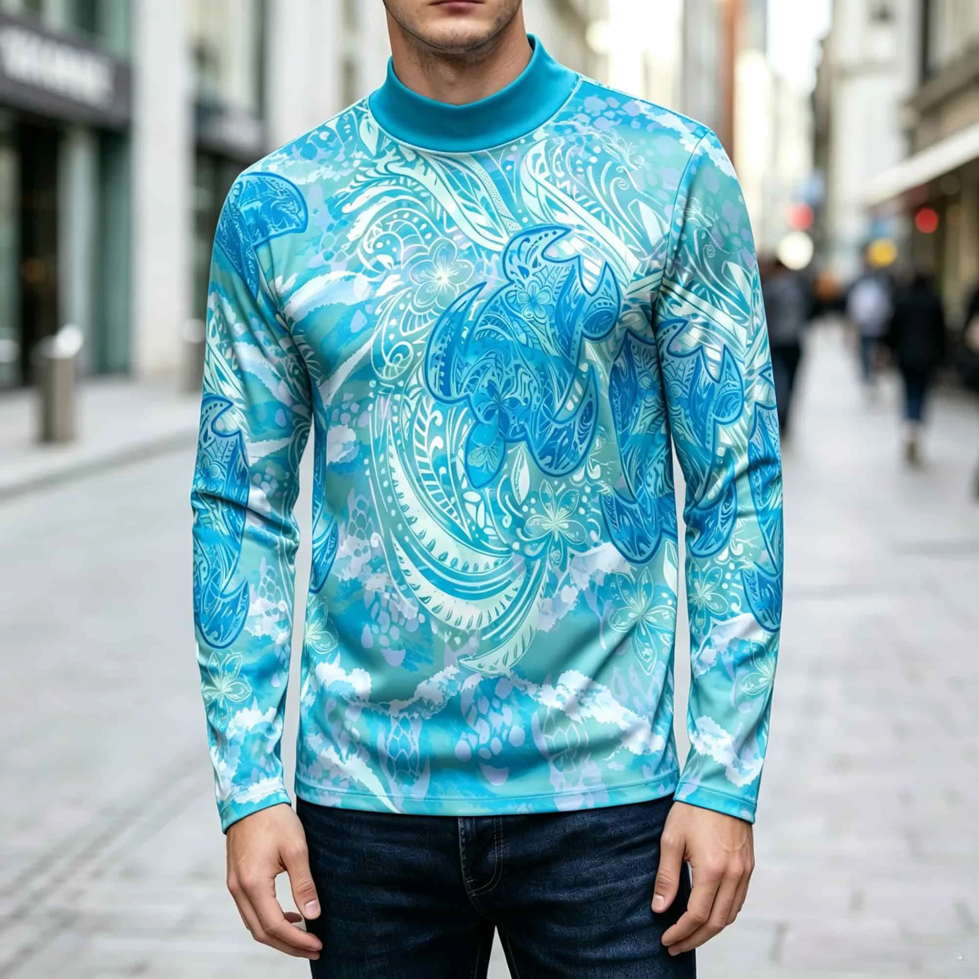 Bohemian Tropical Mock Neck Pullover Ornate Tribal Sea‑Turtle Mixed Floral Print On Water‑Tone Men’s Daily Top