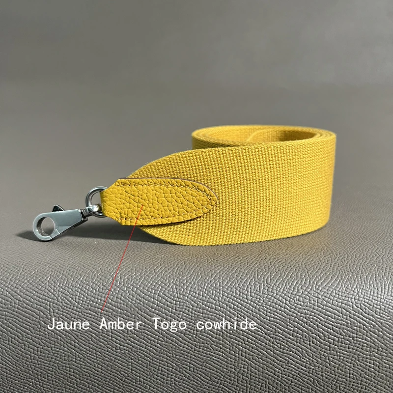 Jaune Amber Togo Cowhide 5cm Wide Canvas belt Steel Buckle Genuine Leather Hand Sewn Suitable For Kelly Bags, Shoulder Straps