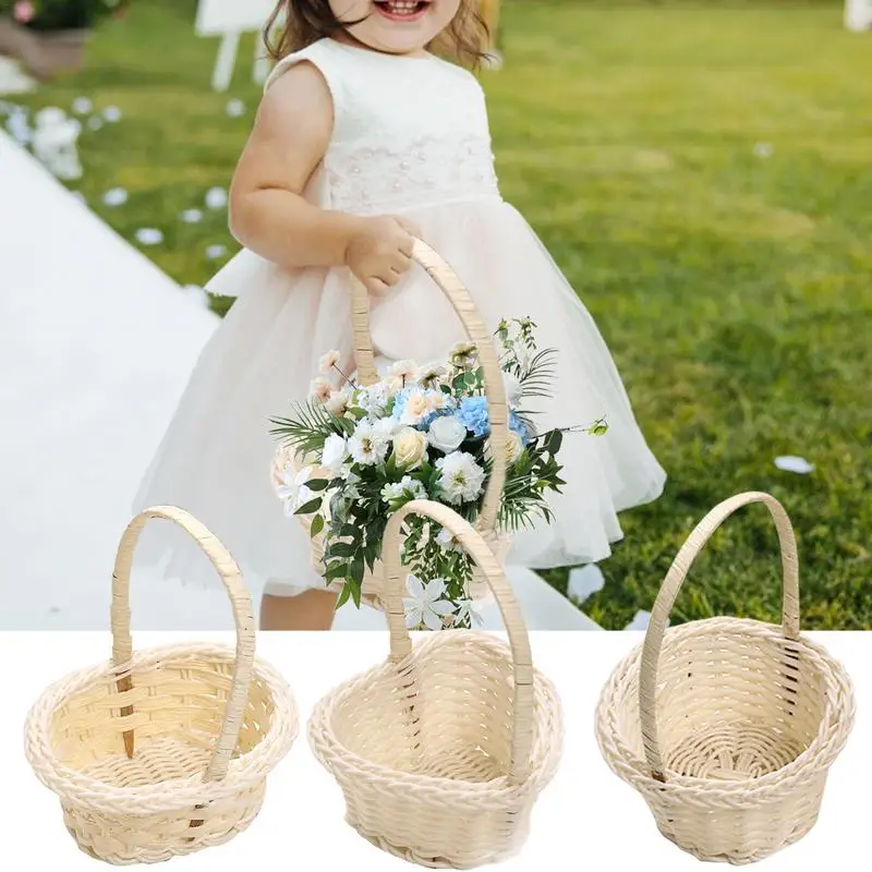 Woven Flower Basket Rattan Storage Basket Flower Girls Hand Basket Handmade Flower Basket For Home Wedding Party Decor