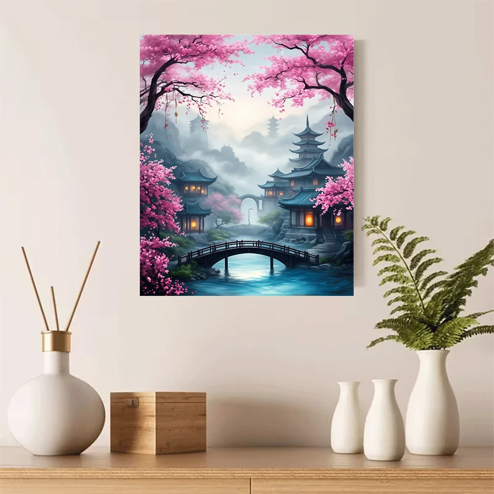 1PC-Canvas poster Unframed  Cherry Blossom Garden Japanese Temple Bridge Art Print  summer