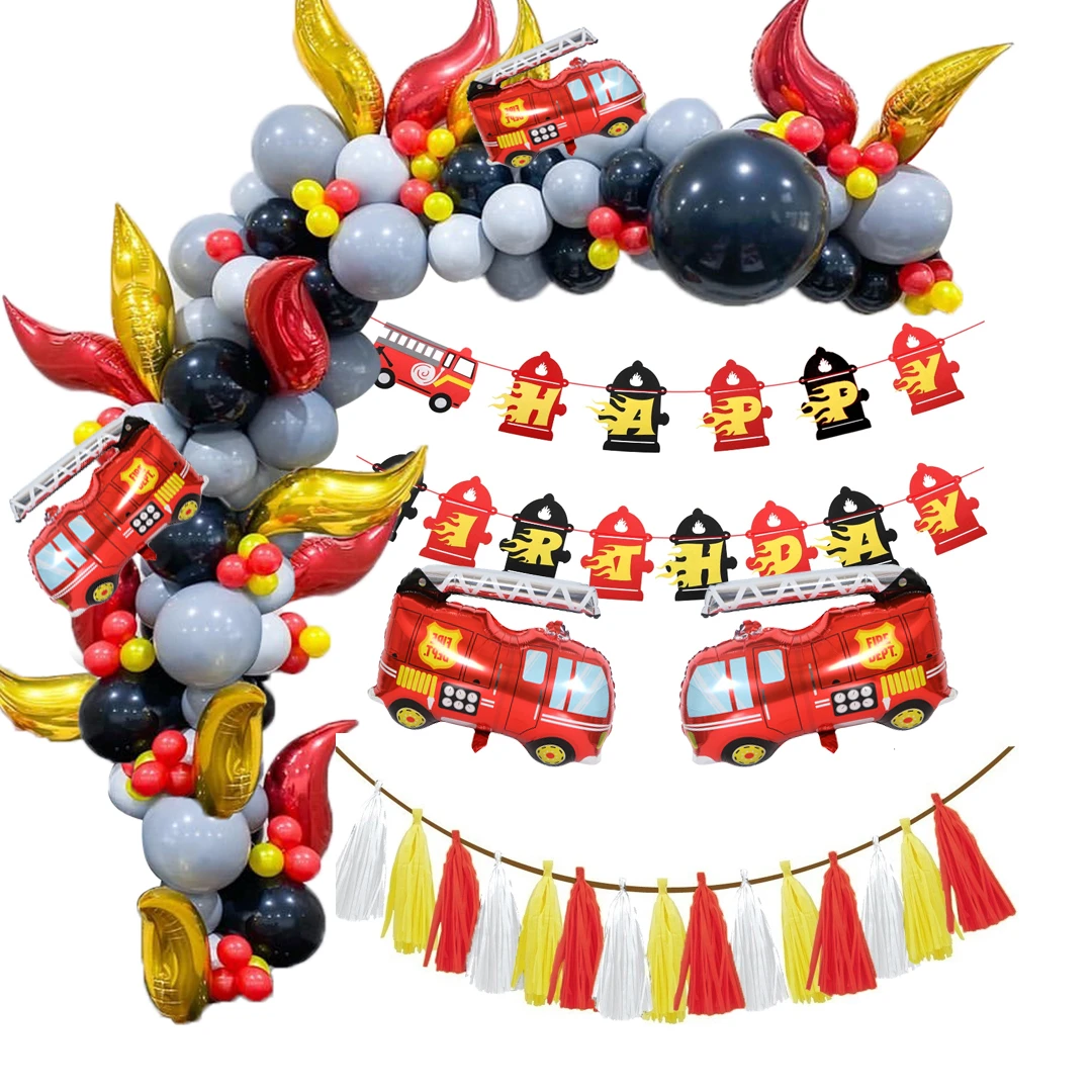 1Set Firefighter Party Fire truck Balloons DIY Spiral Ornaments Disposible Tableware Kids Birthday Party Decor Home Supplies