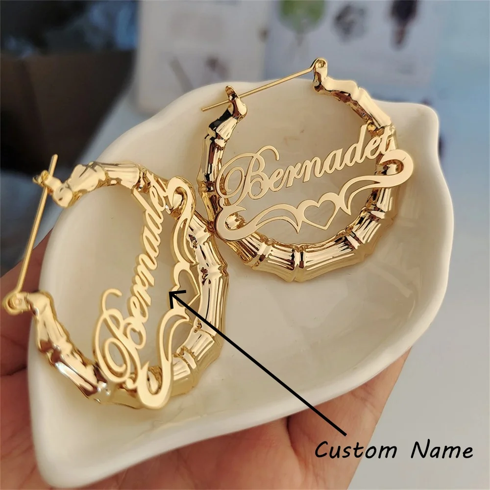 

Customized Bamboo Hoop Earrings for Women Large Name Earrings Personalized Lightweight Big Thick Hoops Custom Made Birthday Gift