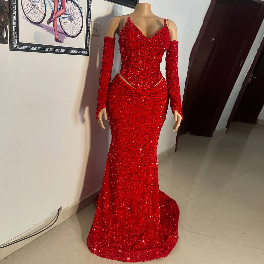

Sexy Red Prom Dresses With Sleeveless 2025 Luxury Sequined Mermaid Party Gowns Formal Occasion Evening Dress Customized