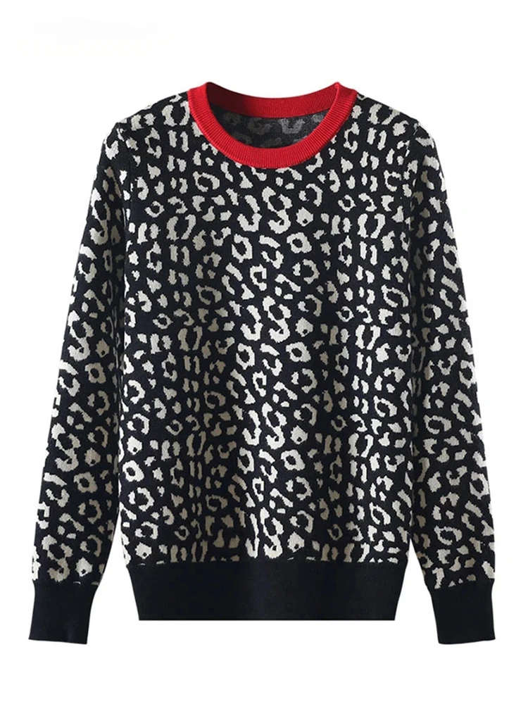 

Autumn Winter Women Sweaters Leopard Knitted Pullovers Long Sleeve Contrast Color Crewneck Jumpers Sweter Mujer C- 026