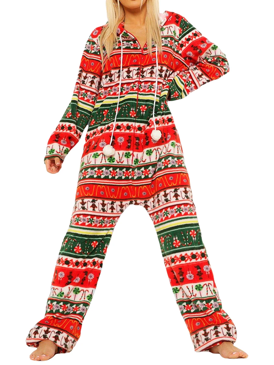 Women s Christmas Pajamas Romper Long Sleeve Zip Up Hooded Jumpsuit Sleepwear Print Nightwear