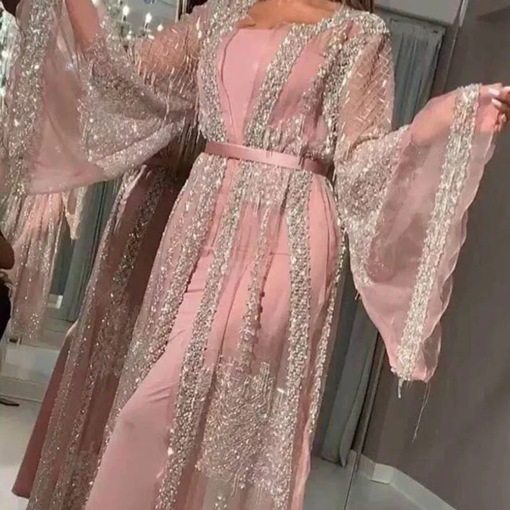 Women\'s Sequined Maxi Dress with Belt, Large Swing Type, Loose Full Flare Sleeve, Summer Dress, Banquet, 2 Pieces Set