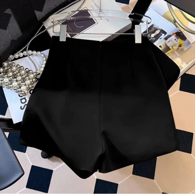 한국어 단순 여름 새 정장 바지 여성 솔리드 하이 웨이스트 지퍼 플리츠 패션 다목적 루즈 스트레이트 와이드 레그 반바지