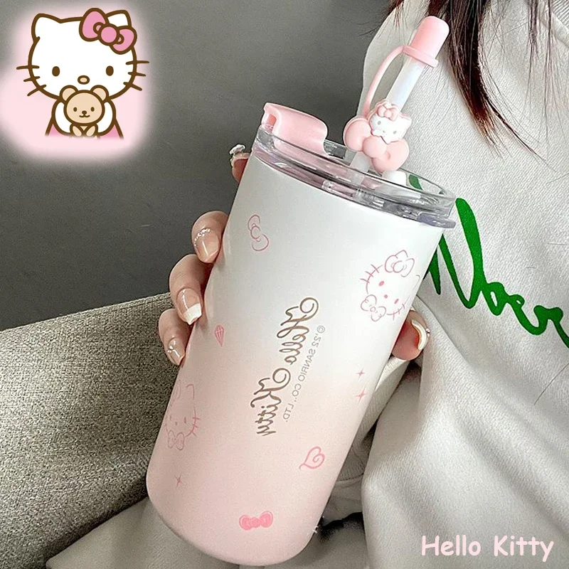 Sanrio Kawaii Hello Kitty Water Cup Student Cartoon Anime 480ML Portable Straw Direct Drink Thermos Cup Office Coffee Cup Gift