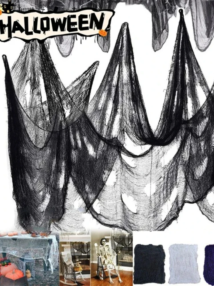 Czarne, straszne tkaniny na Halloween 76x198cm, siatka z gazy, siatka na imprezę Halloweenową, gaza do dekoracji, pajęczyna, gaza do dekoracji ścian, rekwizyty do scen terrorematycznych. — 2