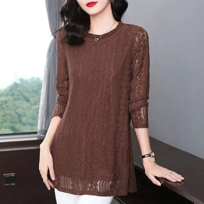 Elegant Fashion Spring Summer New Lace Solid Color Blouse Female Clothing Vintage Casual Hollow Out O-Neck Long Sleeve Shirt