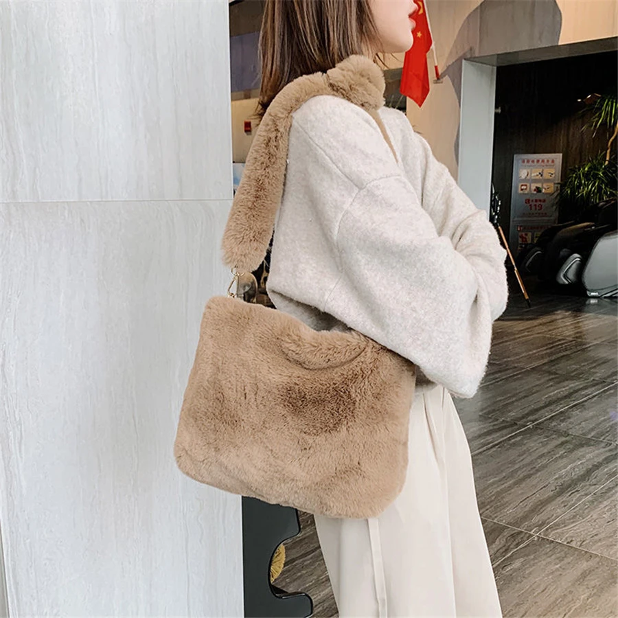 Sac carré en peluche pour femme, message initié GT, doux, confortable, chaud, haute qualité, grande capacité, noir, blanc, rose ingent, hiver