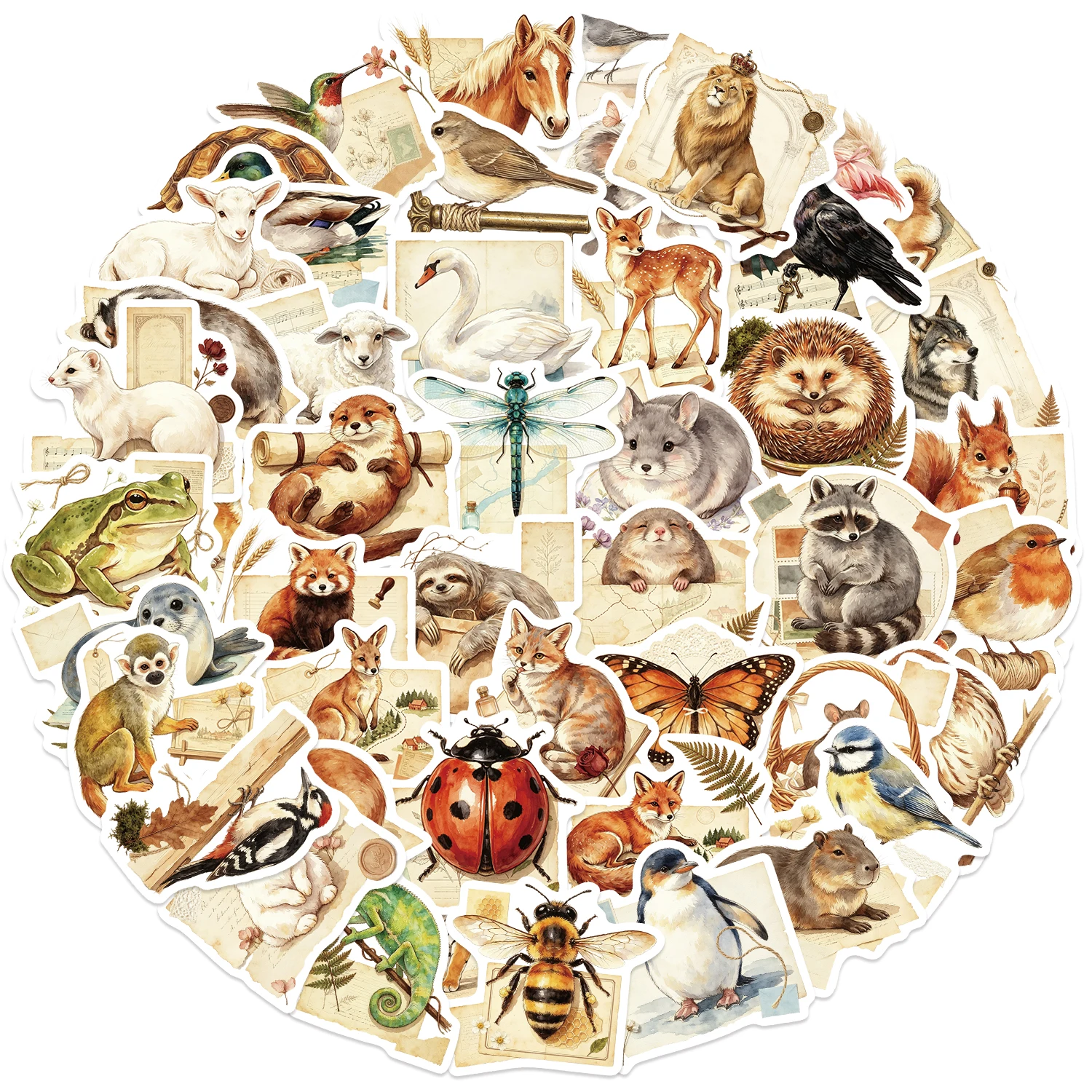 50pcs Retro Mix Animal Cartoon Stickers Hedgehog Squirrel Tiger Fox Frog Decals Vintage DIY Luggage Fridge Phone Case