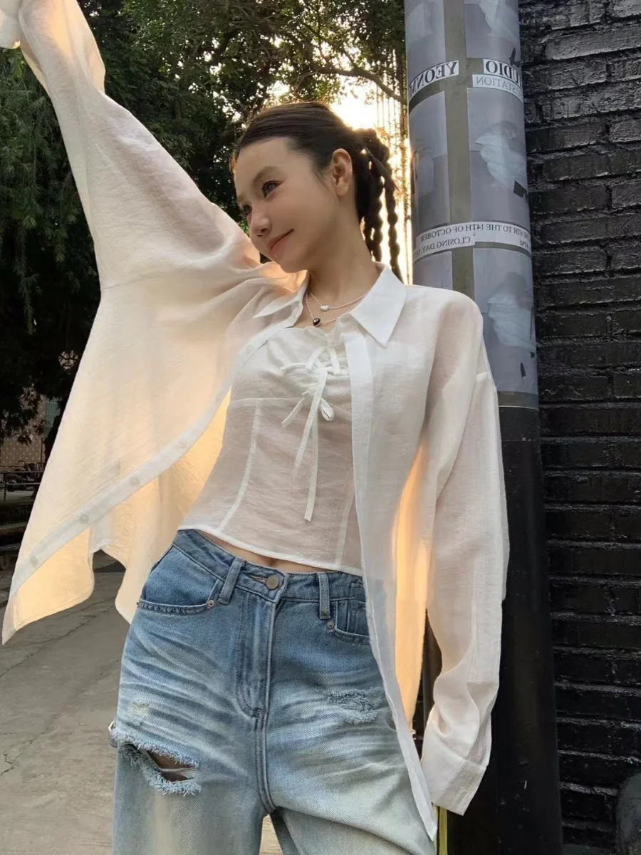 

Loose Blue Lazy Summer New Style Women's Sun Protection Shirt Set Spicy Girl Two-Piece Set Cotton Material Ladies Shirt