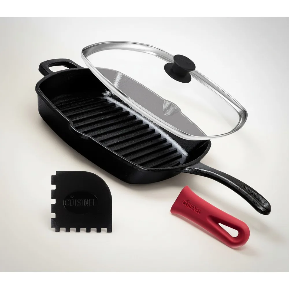 

10.5" Pre-Seasoned Cast Iron Grill Pan with Lid & Accessories - Even Heat for Grilling, Frying, Sauteing
