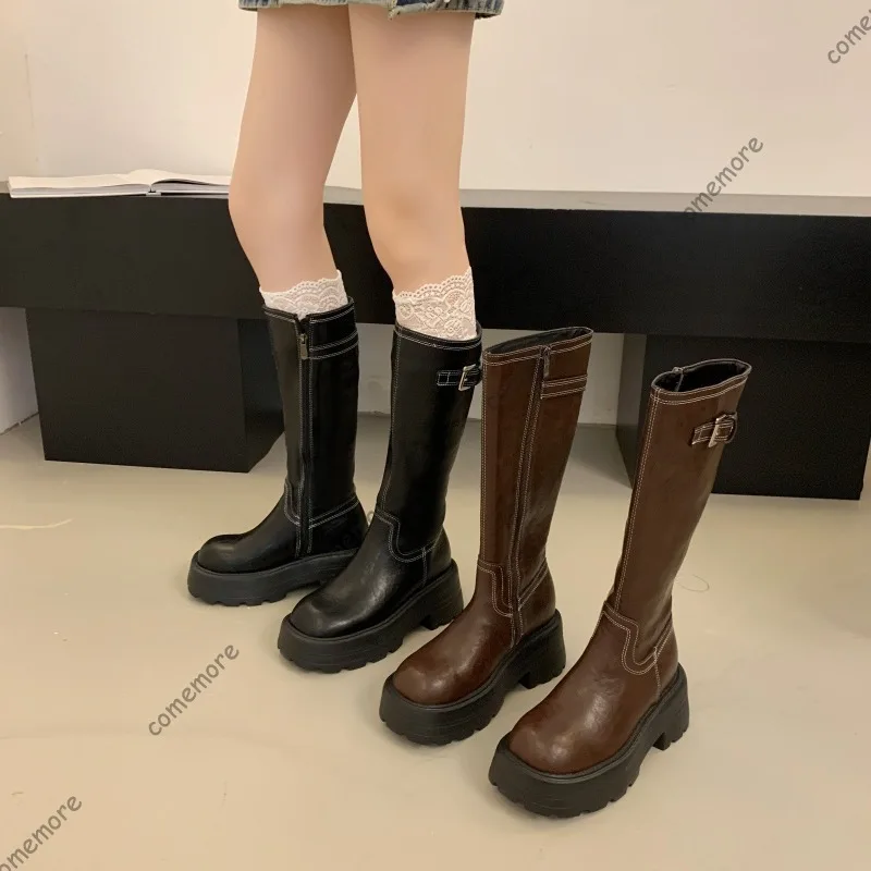 

Comemore High Boots Women Autumn Winter Leather Belt Buckle Side Zipper Thigh High Botas Fashion Solid Thick Heeled Women Shoes