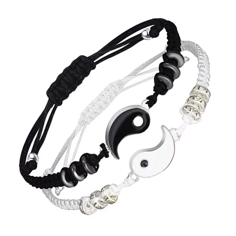 2 pcs Couple Black White Tai Chi Yin Yang Bracelet Set Men Women Adjustable Rope Chain Chinese Traditional Style Daily Jewelry