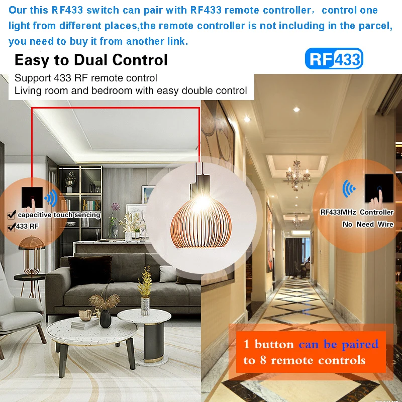 EU 터치 벽 스위치 1 2 3 갱 RF433 433MHz 무선 제어 스위치 강화 유리 110 220 240V AC