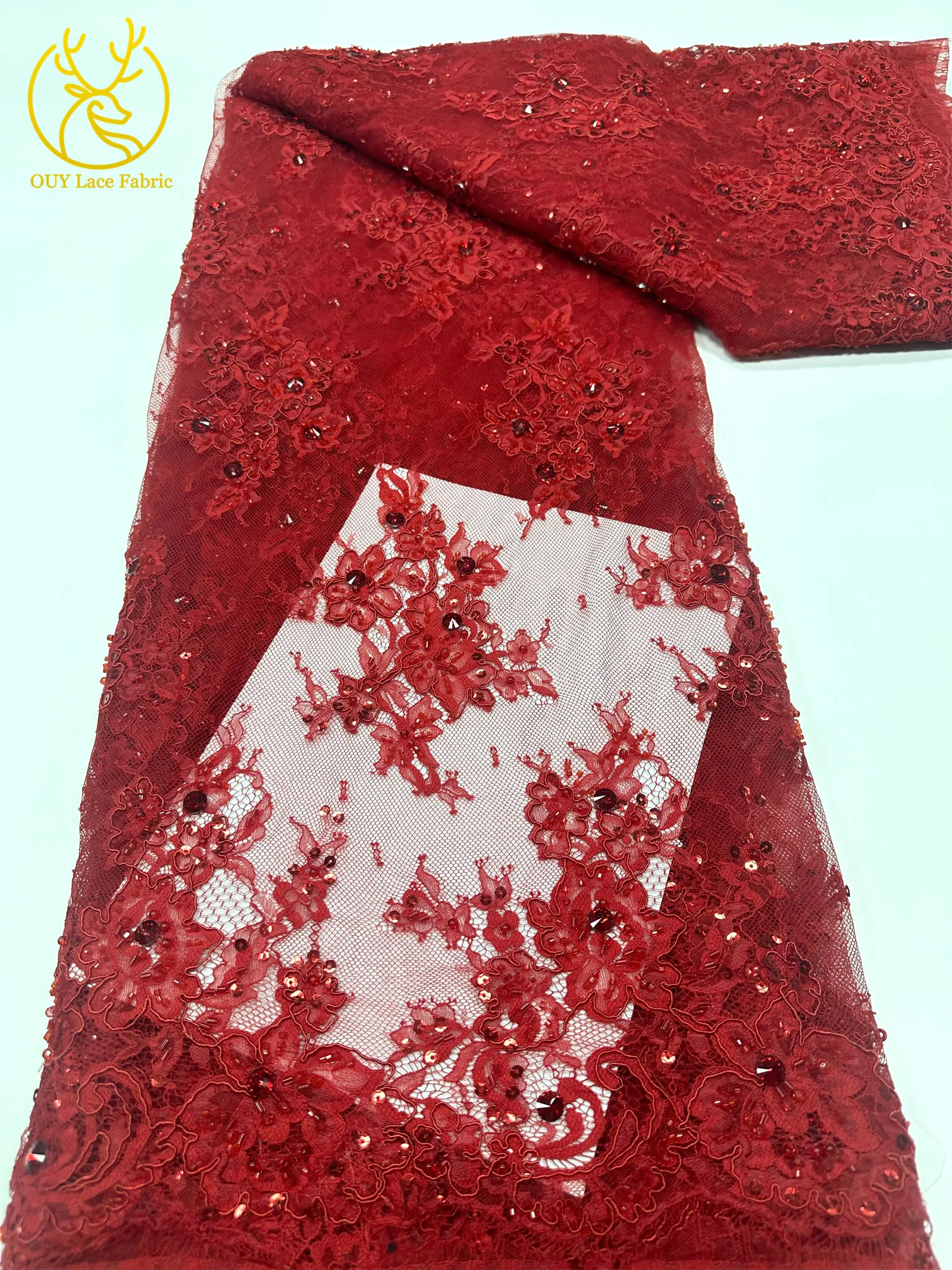Afrikanische Diamant-Spitzenstickerei mit Pailletten, 3 Meter Marineblauer Französischer Perlen-Tüllstoff für Nigerianische Partykleider – Detail 12